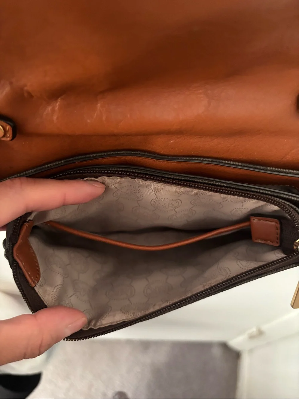 Michael Kors Brown Logo MK Medallion Crossbody with Gold Chain